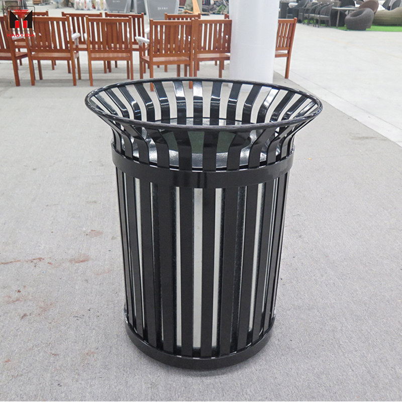 Metal Black Heavy-Duty Slatted Steel Trash Can Receptacles Outdoor Manufacturer 14