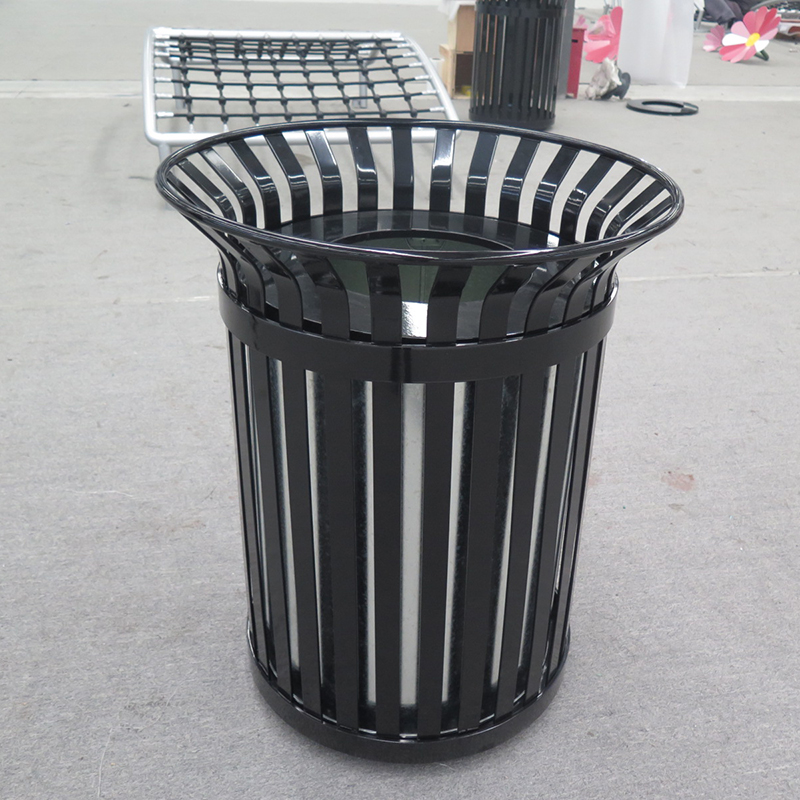 Metal Black Heavy-Duty Slatted Steel Trash Can Receptacles Outdoor Manufacturer 9