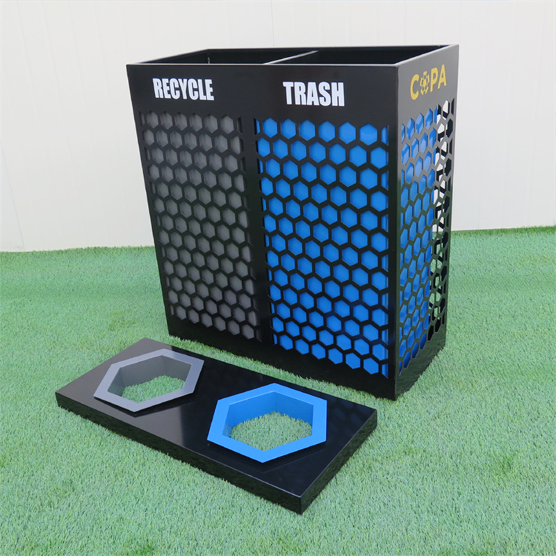 Factory Custom Contemporary Outdoor Metal Street Recycle Bin 2 Compartments3